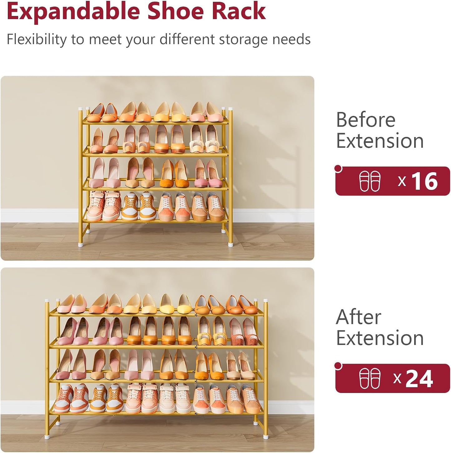 Tajsoon Expandable Shoe Rack for Closet 3 Tier, 28“-41“Adjustable & Stackable Shoe Shelf Storage, Metal Shoe Rack Organizer for Front Door Entrance, Closet, Garage, Entryway, Black