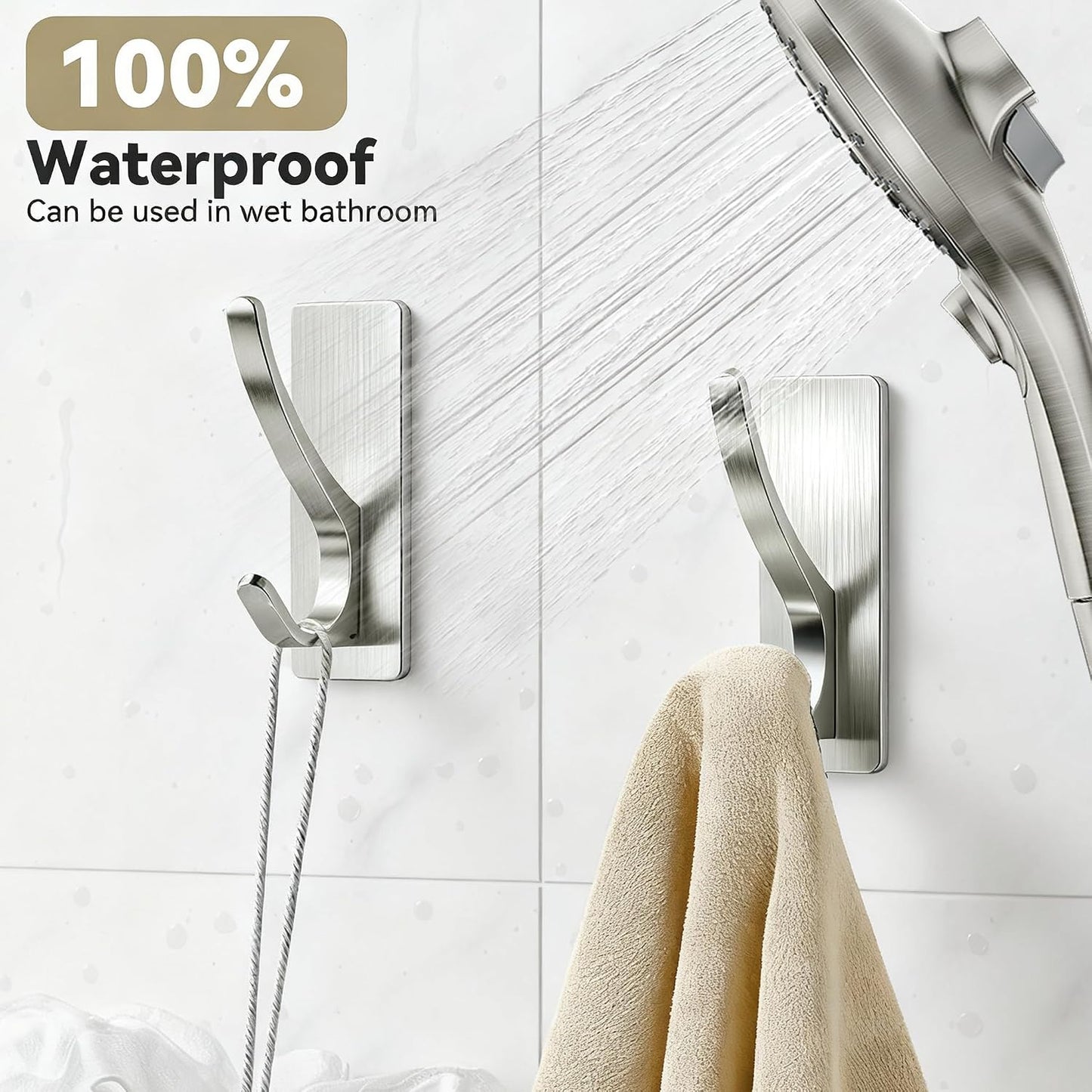 pickpiff White Self Adhesive Coat Hooks for Hanging: 13LB Extra Strong Stainless Wall Hook for Towel, Utensil, Backpack, Hat, Sturdy Metal Hanger for Bathroom, Kitchen, Door, 4-Pack