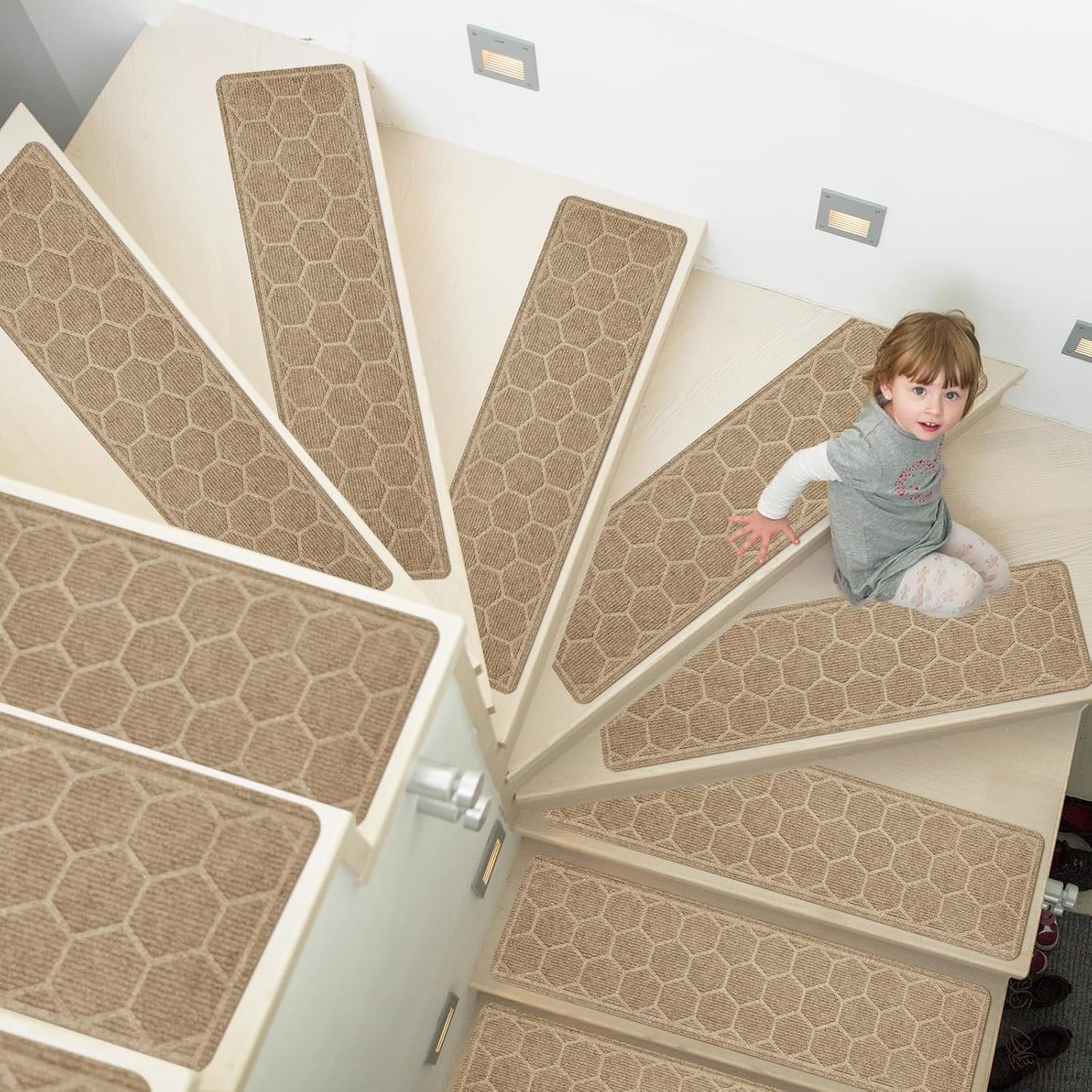 15 Pack 8 "X 30" Non-Slip Carpet Stair Treads for Indoor Wooden Steps, Made of Polyester and Reusable Adhesive, Suitable for Kids Elders and Pets（Black Lines）