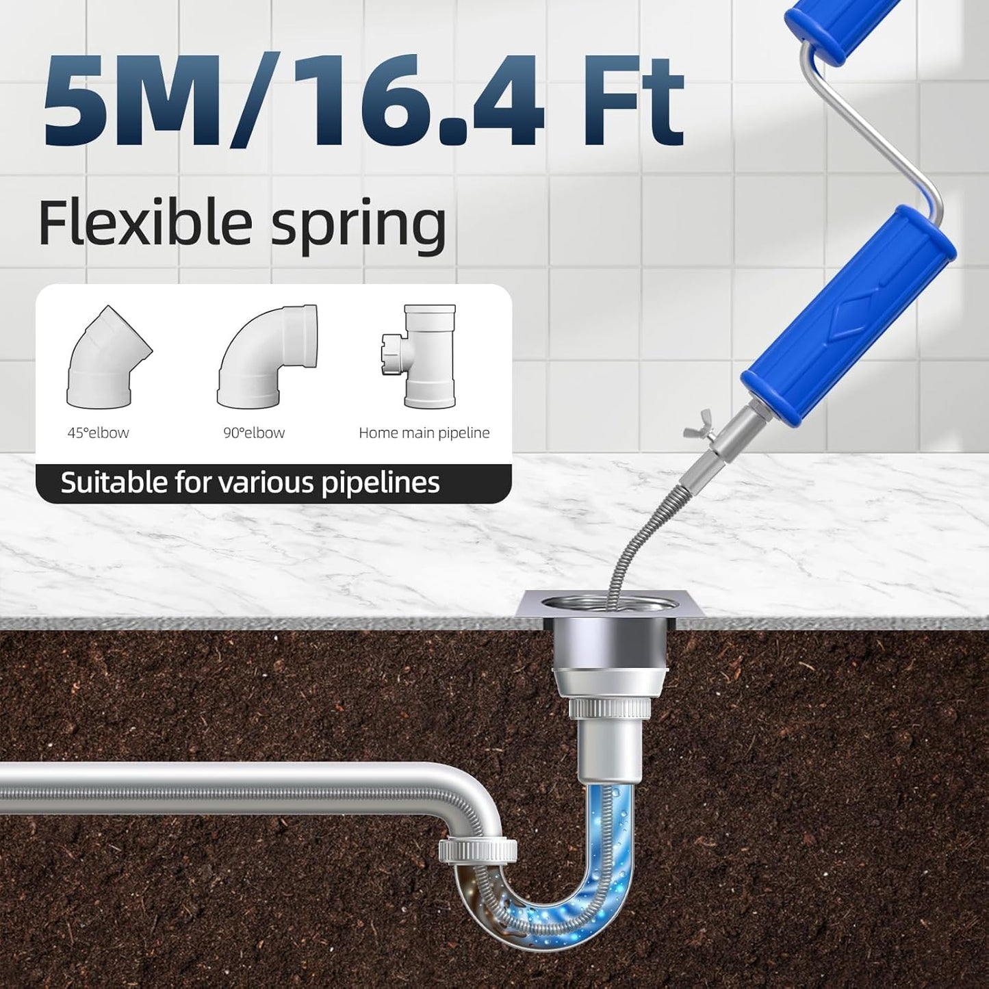 Drain Snake, Drain Auger with Drill Attachment, 16.4 Feet By 6MM Plumbing Snake Auto Feed Flexible Hair Drain Clog Remover for Kitchen, Bathrom and Shower Sink