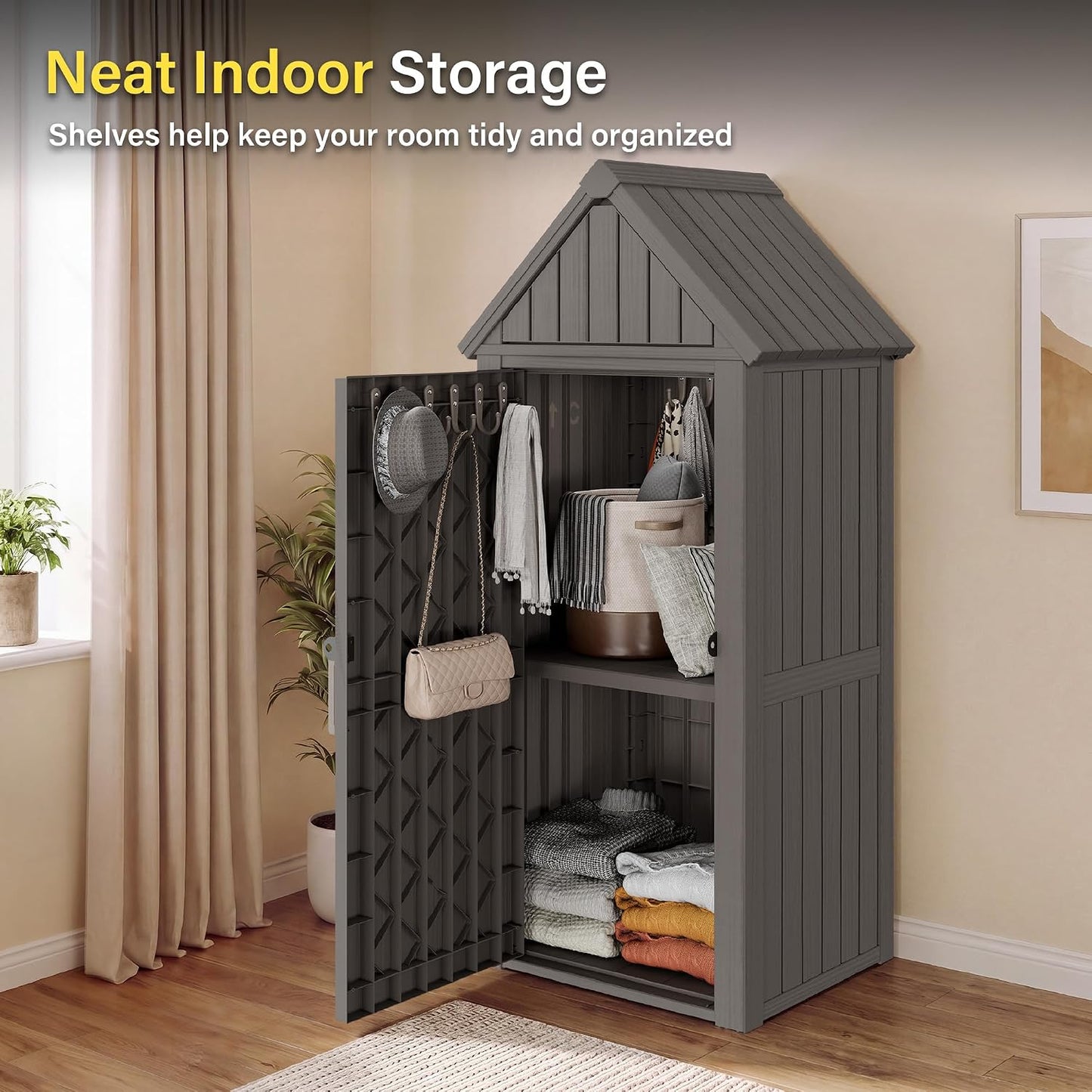 Bifanuo Deck Box Storage Shed Outdoor Storage Cabinet, Vertical Waterproof Resin Material Plastic Shed with Removable Shelves, 12 Hooks and Lock Ring for Garden, Pool and Patio (Classic Black)