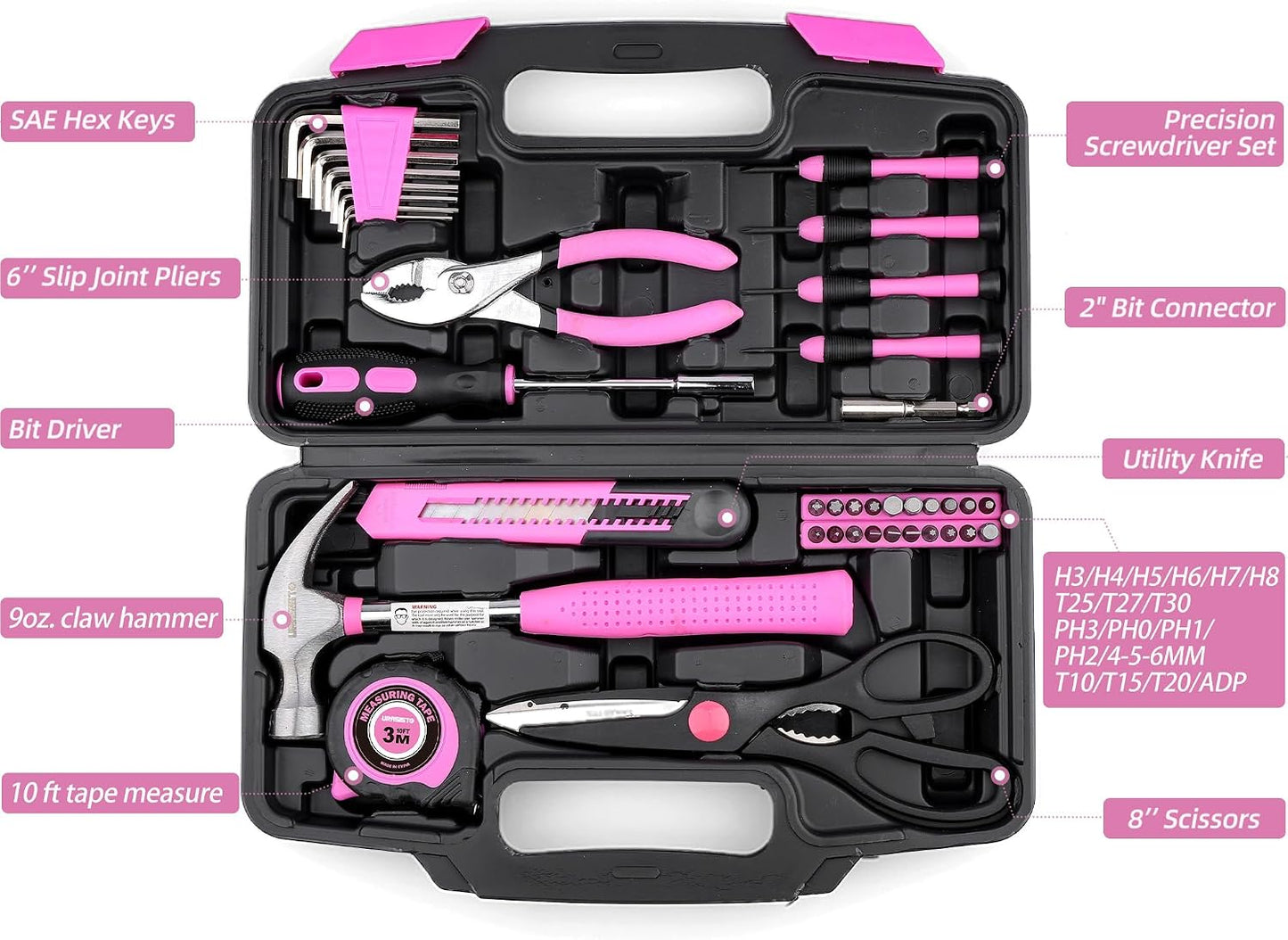 URASISTO 40-Piece Home Tool Kit with Easy Carrying Box, Small Basic Hand Tool Set Perfect for DIY Building, Home Maintenance and Woodworking, Great for College Students - PINK