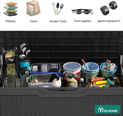 YITAHOME 100 Gallon Large Outdoor Deck Box | Waterproof Resin Storage Box, Lockable Indoor Outdoor Storage Container for Patio Furniture Cushions, Pool Accessories