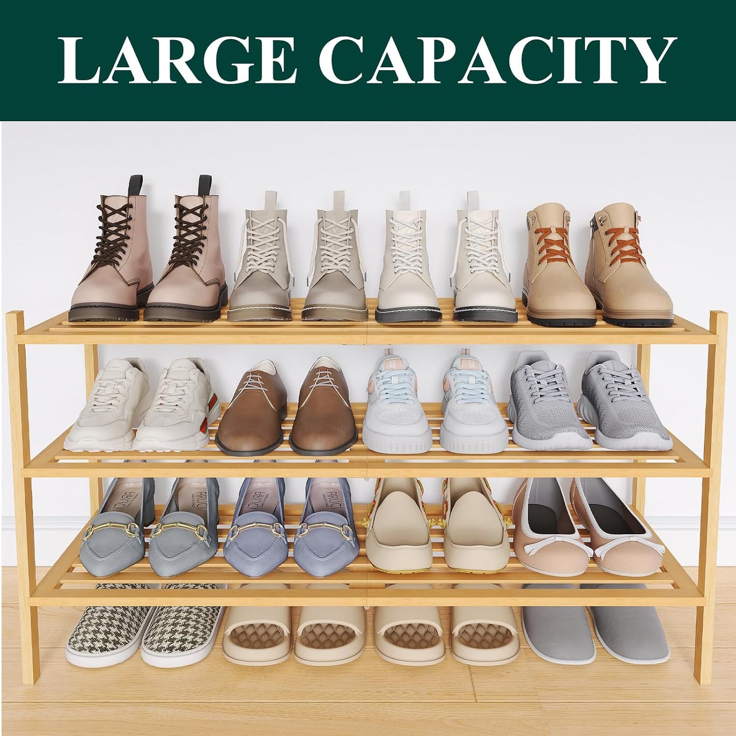 Smiry Bamboo Shoe Rack, 3 Tier Free Standing Wooden Shoe Organizer, Stackable Wood Shoe Storage Shelf for Closet, Entryway, 5 Horizontal Slats, 26.8"x11"x18.3", Natural