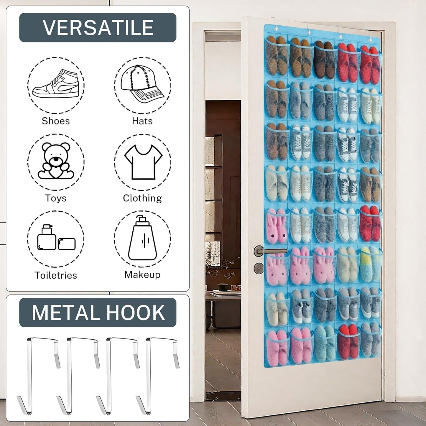 40 Large Mesh Pocket Over the Door Shoe Organizer,Hanging Shoe Rack for Door,Hualleko Shoes Organizer Hanger with Large Capacity, Shoes Storage Holder Sturdy Non-woven Fabric - Stores 20 Pairs (White)