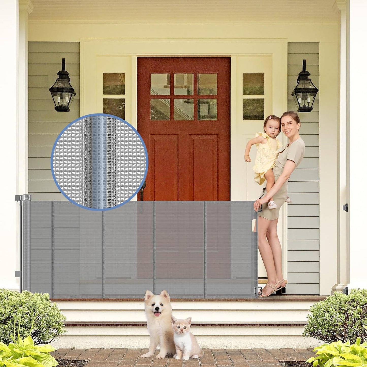 Reinforced Retractable Baby Gates with Support Beam 60" Wide Retractable Dog Gate Indoor Prevent Children and Dogs from Crawling Under Outdoor Dog Gate for Deck Mesh Gates for Kids or Pets, Black