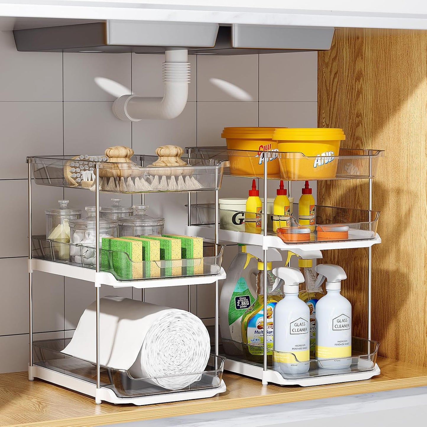 Delamu 2 Sets of 3-Tier Bathroom Under Sink Organizers and Storage, Multi-Purpose Stackable Pantry Organization and Storage, Pull Out Clear Kitchen Bathroom Cabinet Organizer with Movable Dividers | Storage