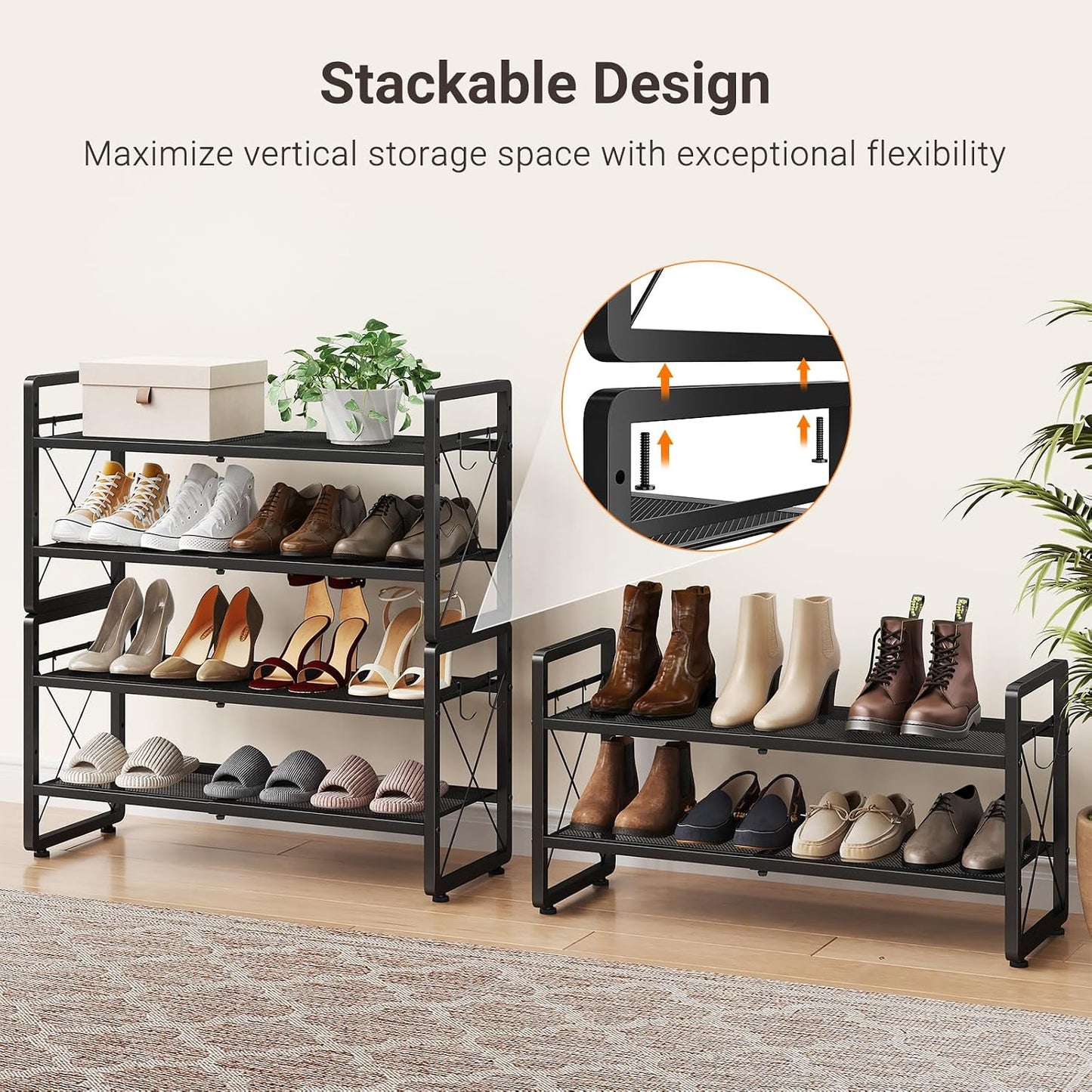 ELYKEN Shoe Rack, 2-Tier Expandable Shoe Organizer for Closet, Metal Black Shoe Shelf with 4 Hooks, Adjustable Shoe Stand Holder for Entryway, Garage, Door Entrance