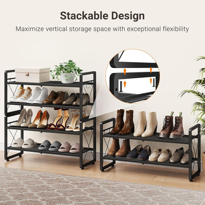 ELYKEN Shoe Rack, 2-Tier Expandable Shoe Organizer for Closet, Metal Black Shoe Shelf with 4 Hooks, Adjustable Shoe Stand Holder for Entryway, Garage, Door Entrance