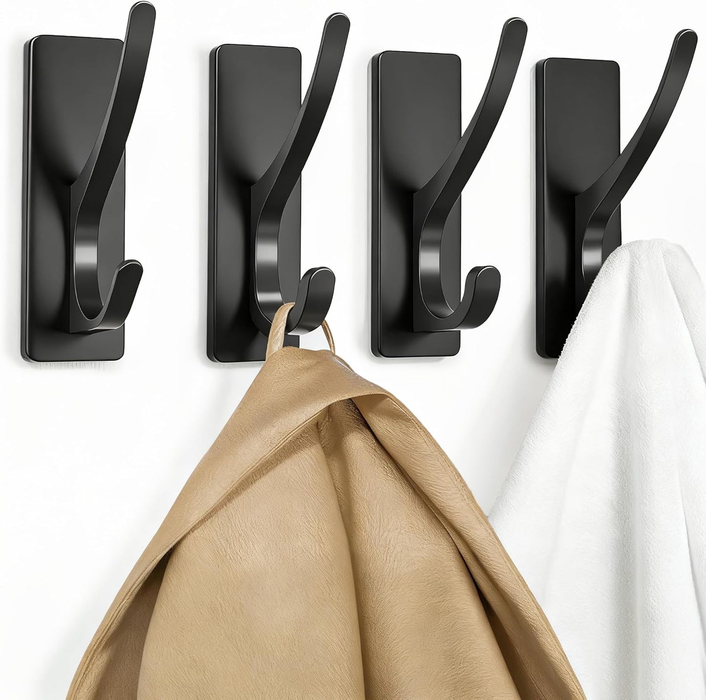 pickpiff White Self Adhesive Coat Hooks for Hanging: 13LB Extra Strong Stainless Wall Hook for Towel, Utensil, Backpack, Hat, Sturdy Metal Hanger for Bathroom, Kitchen, Door, 4-Pack