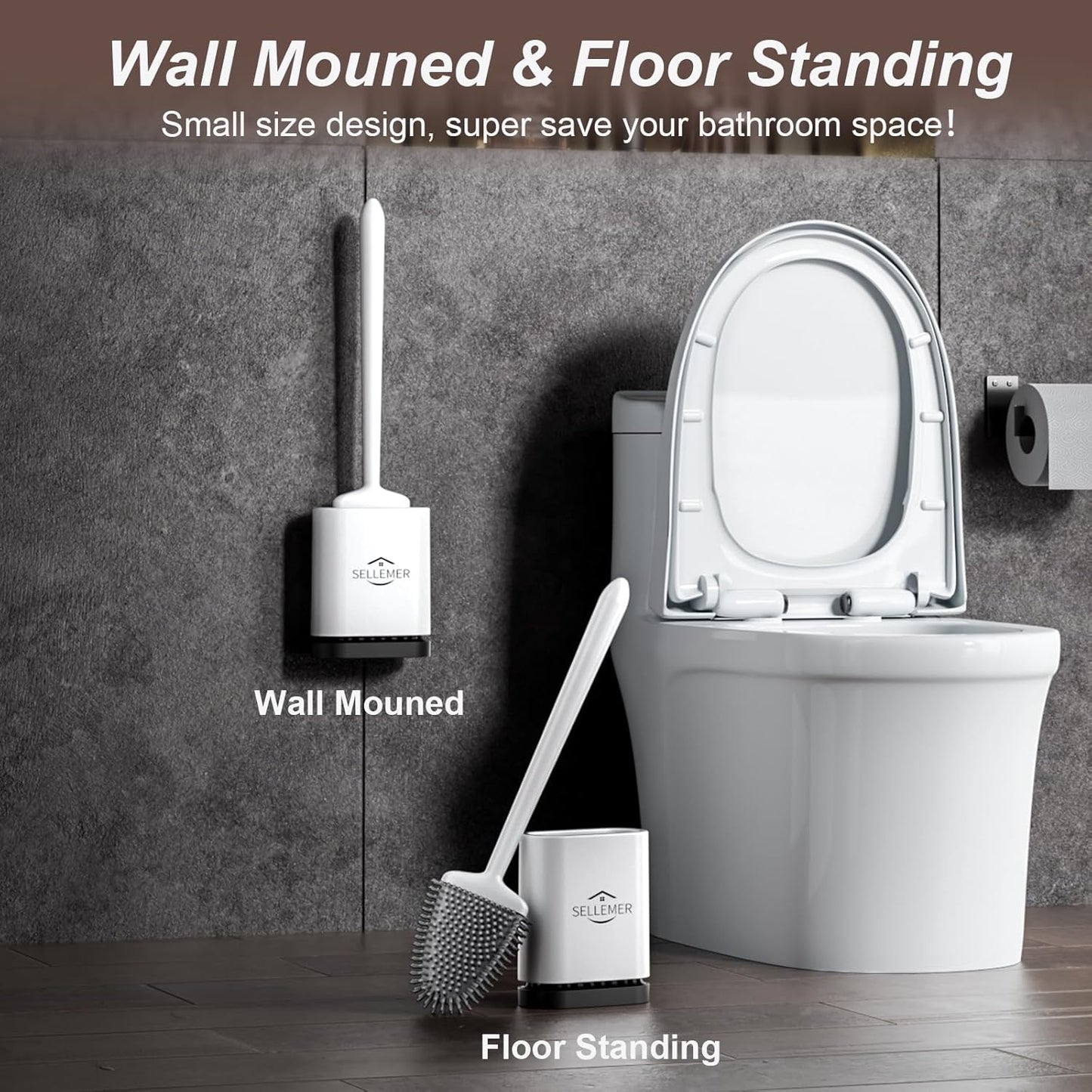 Sellemer Toilet Brush and Holder Set - Flexible Toilet Bowl Brush Head with Silicone Bristles, Compact Size for Storage and Organization, Ventilation Slots Base (1 Pack, Silver)