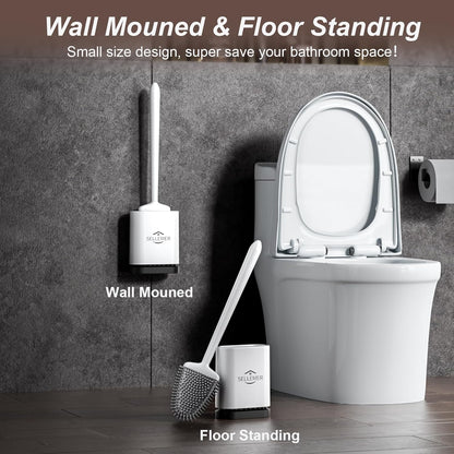 Sellemer Toilet Brush and Holder Set - Flexible Toilet Bowl Brush Head with Silicone Bristles, Compact Size for Storage and Organization, Ventilation Slots Base (1 Pack, Silver)