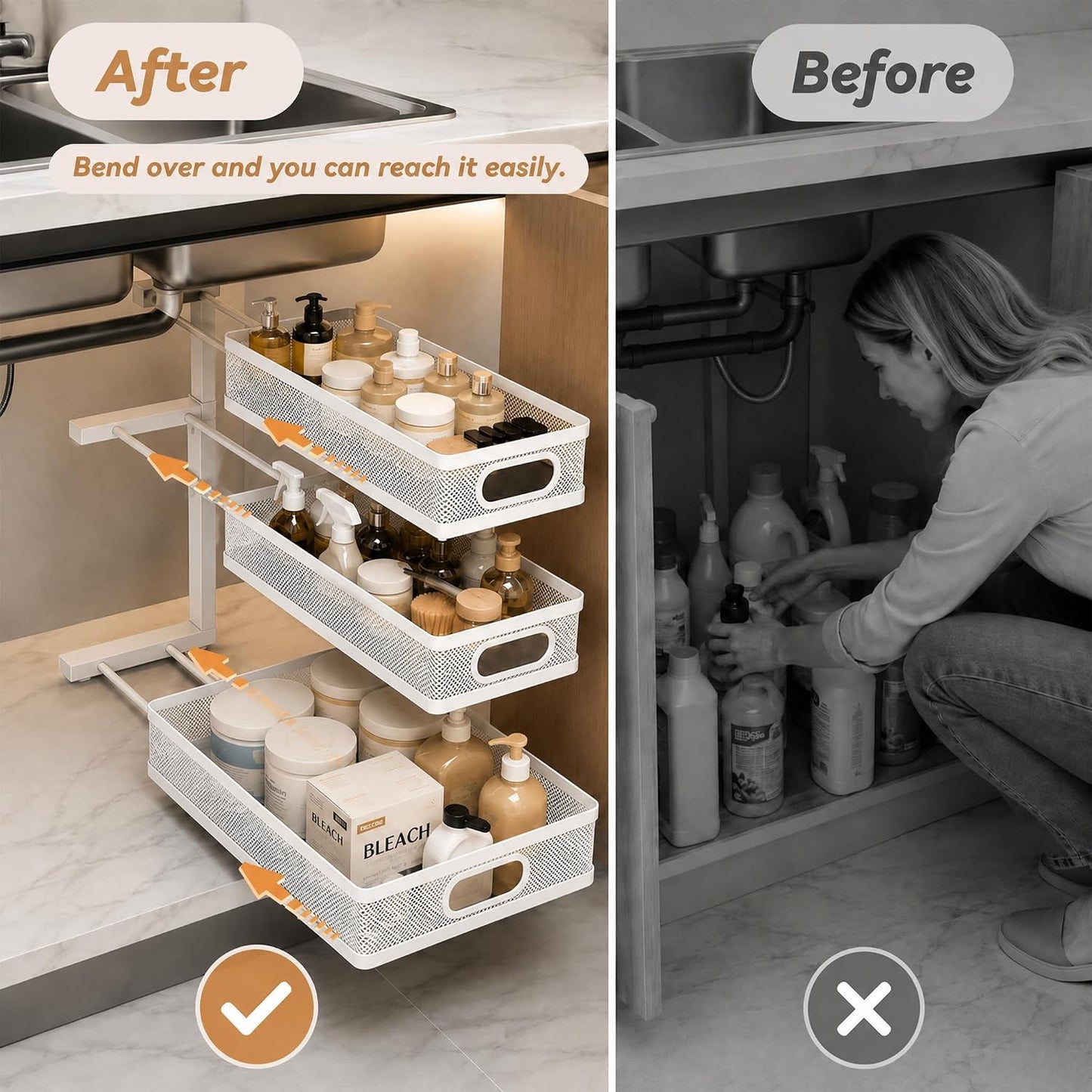 3-Tier Under Sink Organizer 2-Pack Thickened Metal Pull out Cabinet Shelf Height Adjustable Slide Out Drawer Storage Rack for Bathroom Kitchen Pantry Laundry Home Office Organization (Black)