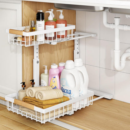 PXRACK Under Sink Organizer, Adjustable Height, 2 Tier Pull Out Under Cabinet Organizer, Slide Out Thickened Metal Under Sink Storage for Kitchen Bathroom Laundry Pantry Cabinet, White, Large-1-Pack