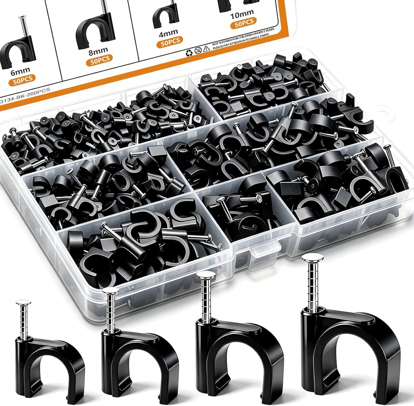mankk 630PCS Steel Nail Cable Clips 4/5/6/8/10mm Round & 5/6mm Square | cable tacks for CAT6 RJ45 RG6 RG59 ethernet coax cords, white wall mounting clips