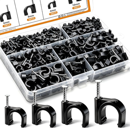 mankk 630PCS Steel Nail Cable Clips 4/5/6/8/10mm Round & 5/6mm Square | cable tacks for CAT6 RJ45 RG6 RG59 ethernet coax cords, white wall mounting clips