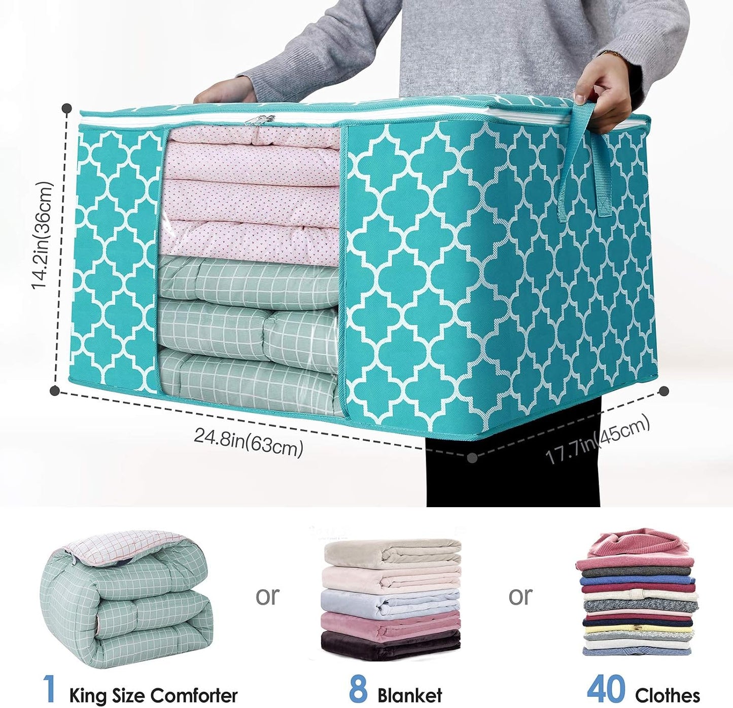 WISELIFE Storage Bags, Large Blanket Clothes Organization and Storage Containers for Bedding, Comforters, Foldable Organizer with Reinforced Handle, Clear Window,Sturdy Zippers,(Grey, 3 x 100L)