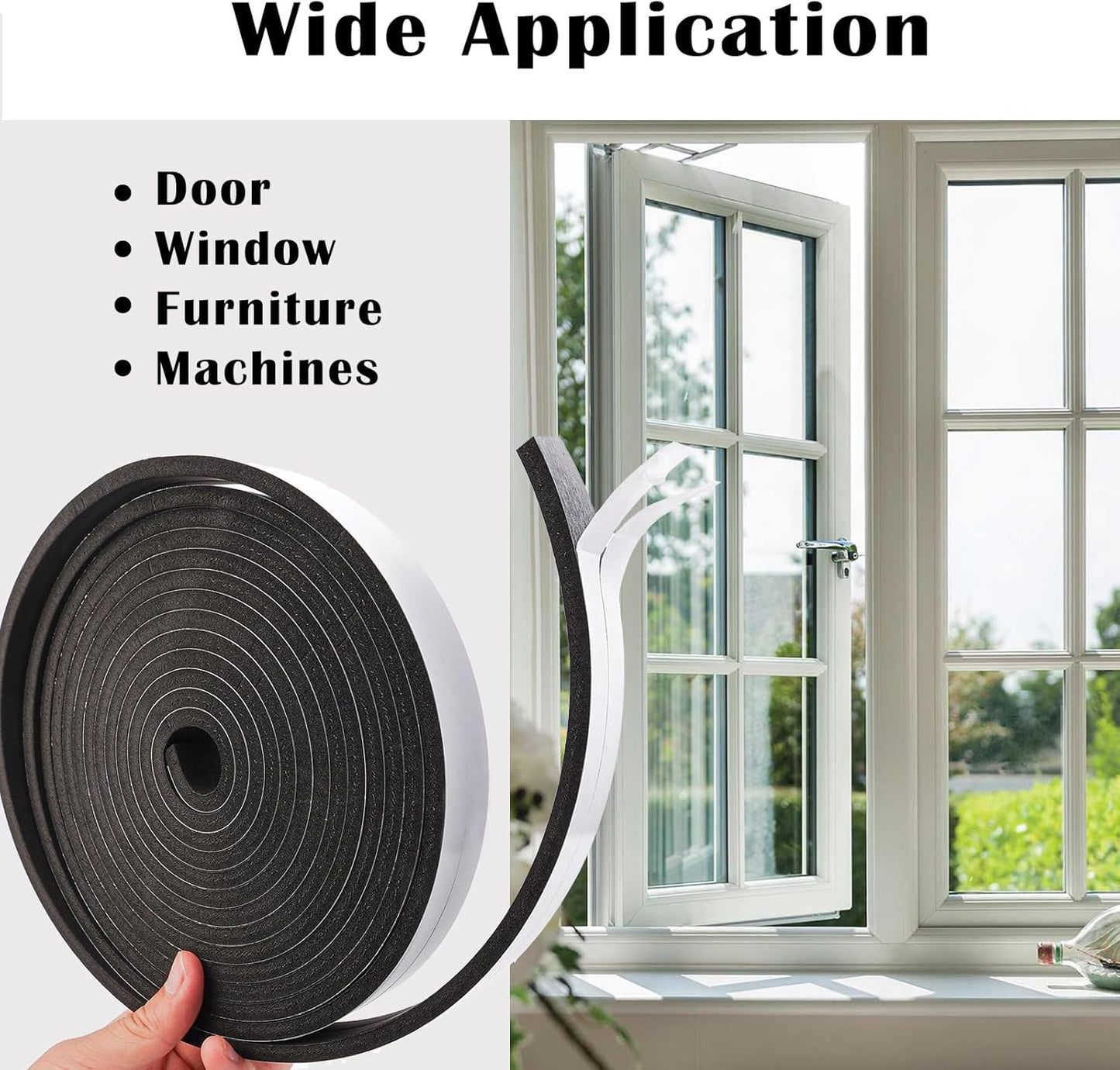 Black Foam Insulation Tape with Self-Adhesive Backing,Closed Cell Foam Weatherstripping 1/2 inch Wide x 3/8 inch Thick,Soundproofing Door Weather Seal Strip for Door and AC Window Seal,High Denisty