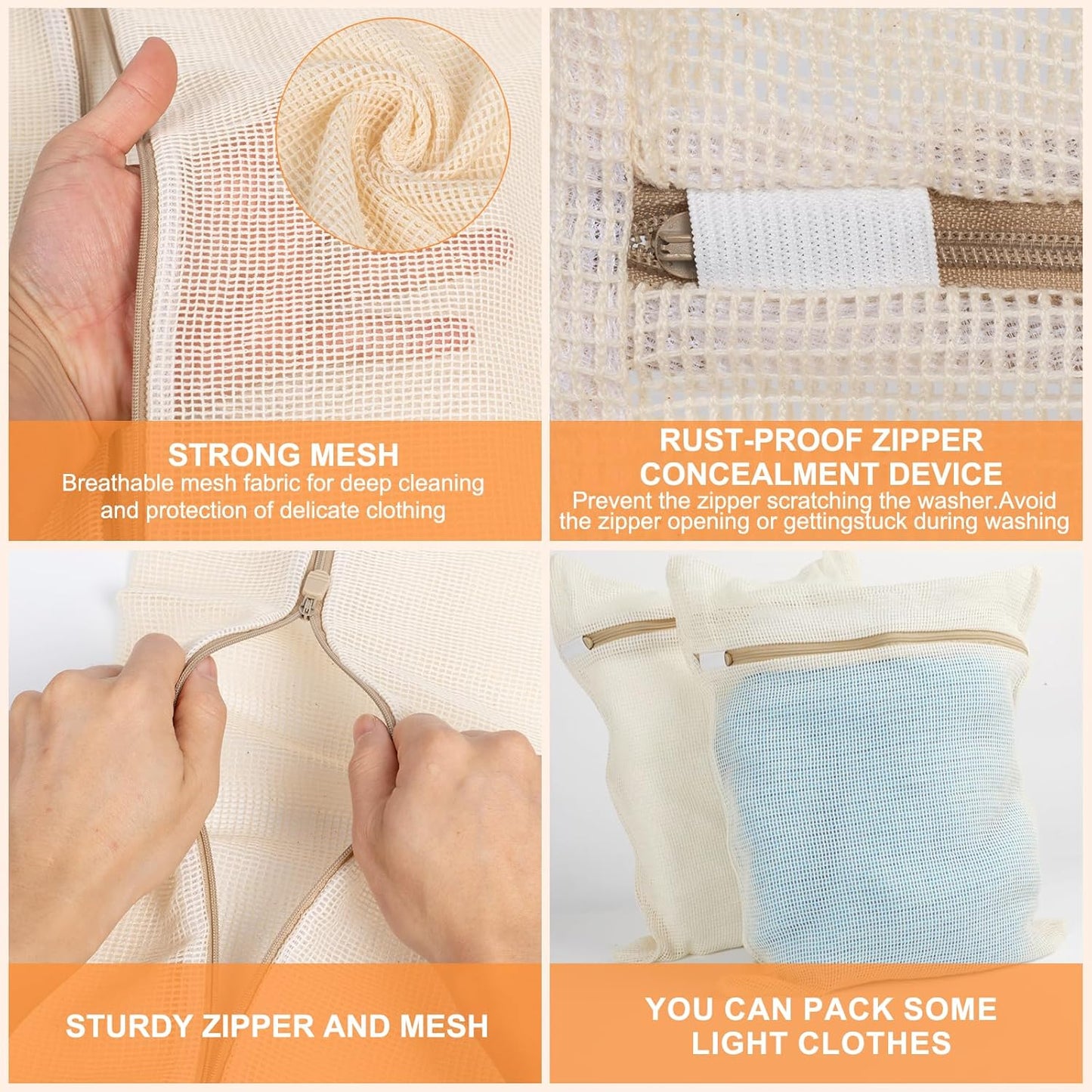 3-piece set extra-large 20×23.6 inch durable organic cotton mesh laundry bags, with sturdy zippers and breathable mesh, perfect for delicate items like underwear, clothes, pants, and socks.