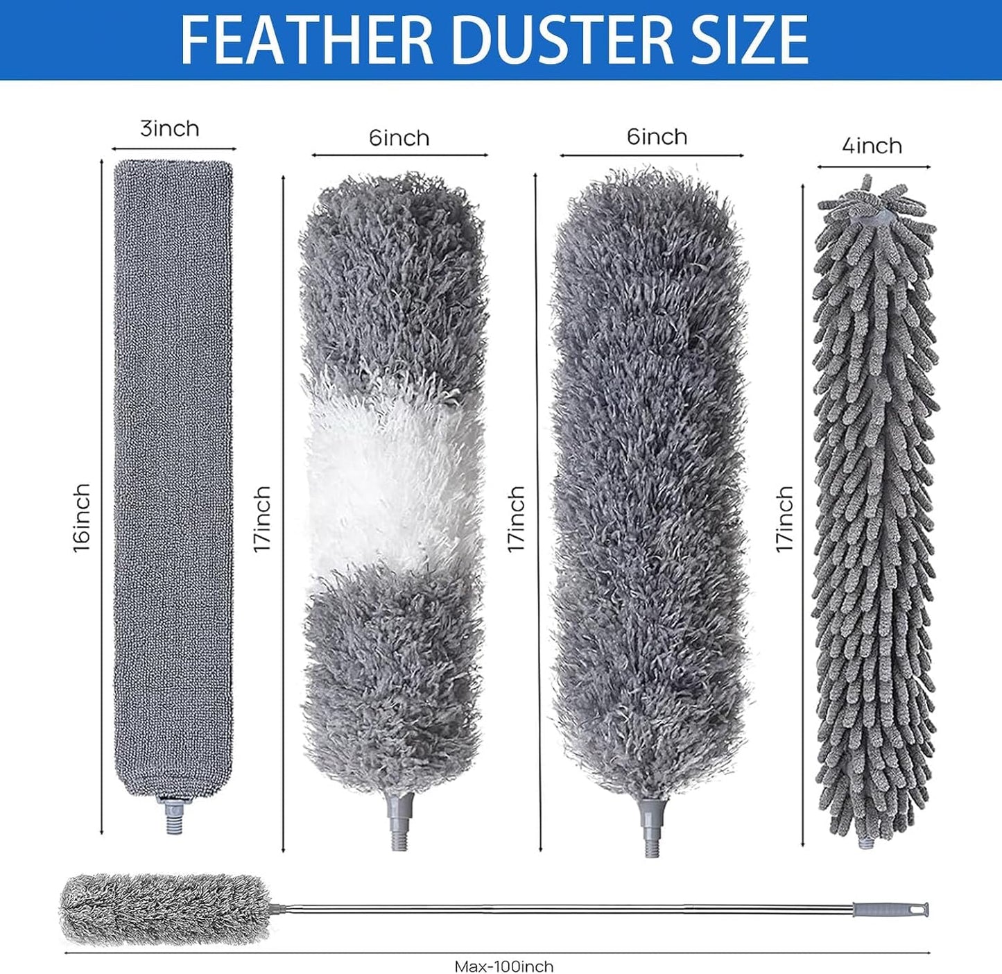 4 Pcs Microfiber Cobweb Duster with 100-inch Extendable Pole, Washable and Reusable Feather Cleaning Duster Kit with 3 Duster Heads,Dusters for Cleaning with Telescopic Pole for High Ceiling Fan