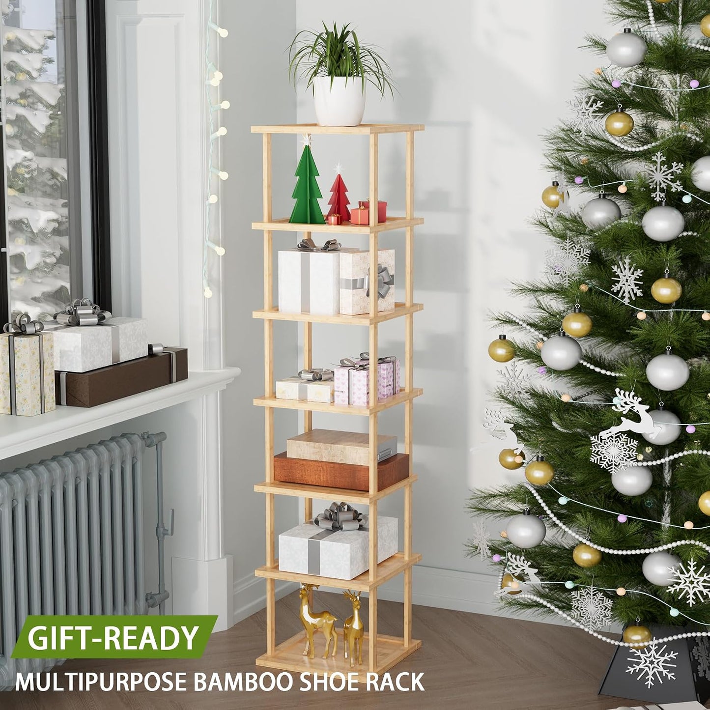 Vertical Tall Shoe Rack Organizer for Entryway -7 Tier Free Standing Slim Narrow Bamboo Wood Corner Stackable Shoe Boots Storage Stand Small Spaces for Closet Garage Cloakroom Living Room (Black)