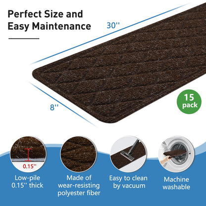 Non Slip Stair Treads for Wooden Steps,15 Pack 8" X 30" Stairs Carpet Treads Indoor with Reusable Peel and Stick Adhesive for Kids Elders and Pets