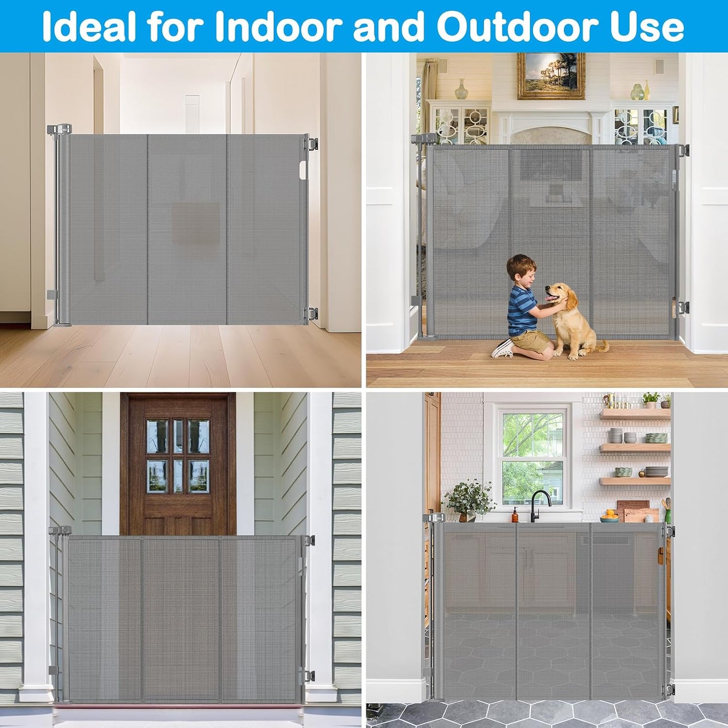 42 Inch Extra Tall Retractable Baby Gates with Reinforced Strips 55 Inch Wide Outdoor Retractable Dog Gate No Sag Extra Tall Baby Gate for Doorway Anti-Scratch Mesh Gates for Kids or Pets, White