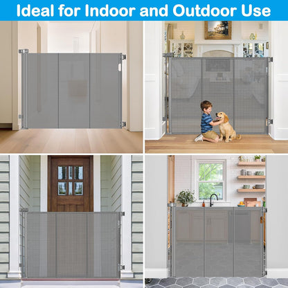 42 Inch Extra Tall Retractable Baby Gates with Reinforced Strips 55 Inch Wide Outdoor Retractable Dog Gate No Sag Extra Tall Baby Gate for Doorway Anti-Scratch Mesh Gates for Kids or Pets, White