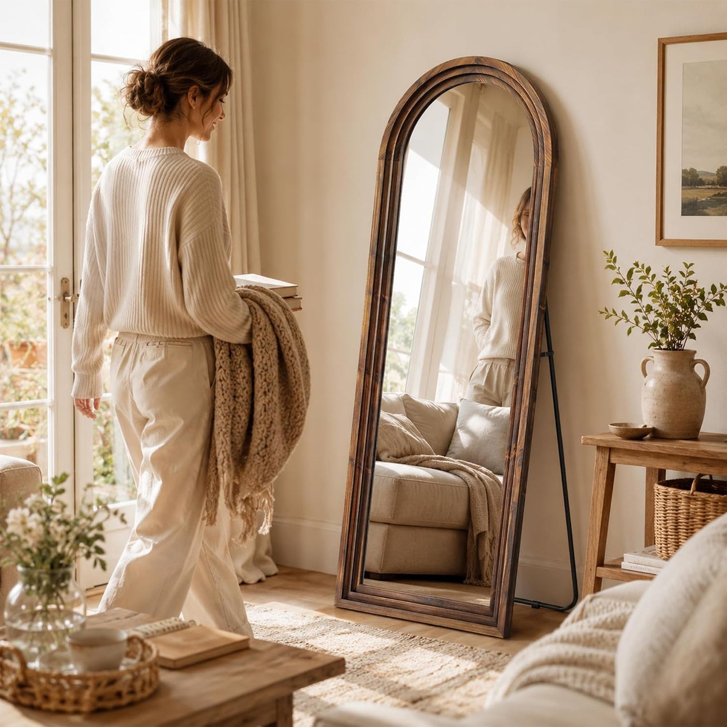 Arched Wood Floor Mirror with Stand, 63" x 21" Rustic Walnut Triple-Layer Solid Wood Frame Full Length Body Mirror, Shatterproof Tempered Glass, Wall Mounted or Leaning for Bedroom Entryway