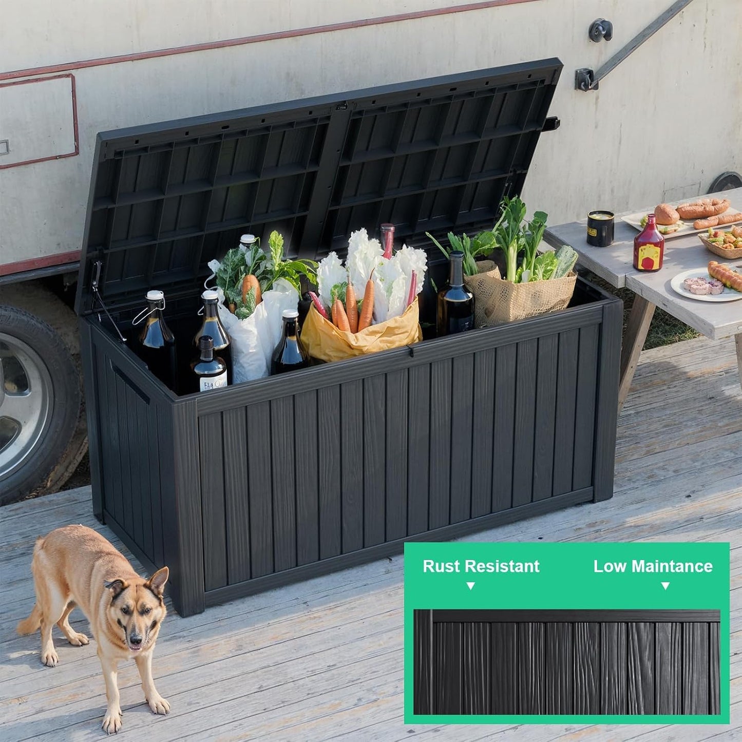 150 Gallon Waterproof Outdoor Storage Box,Resin Deck Box,Lockable Outside Storage Box Container for Patio Furniure,Garden,Tools (150 Gallon,Black)