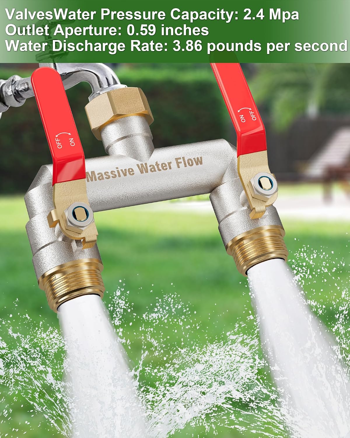 Hose Splitter 2 Way Heavy Duty, Garden Hose Splitter with 304 Stainless Steel Long Handle, Full Flow Brass Nickel Plated Water Hose T Spigot Splitter Adapter Connector, 3/4 - Inch GHT Thread (Blue)