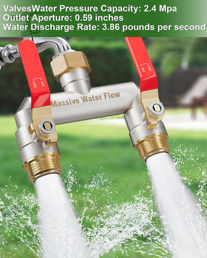 Hose Splitter 2 Way Heavy Duty, Garden Hose Splitter with 304 Stainless Steel Long Handle, Full Flow Brass Nickel Plated Water Hose T Spigot Splitter Adapter Connector, 3/4 - Inch GHT Thread (Blue)