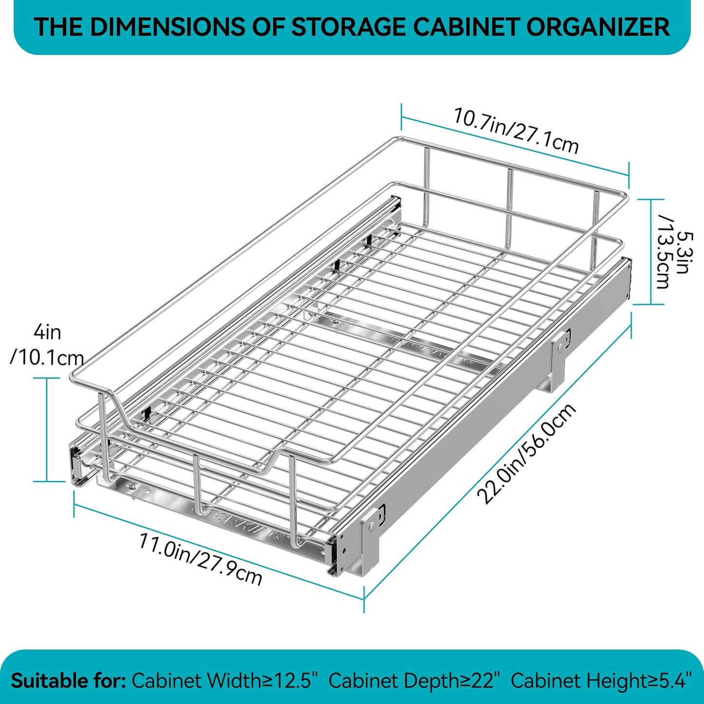 2 Tier Pull Out Cabinet Organizer 11" W X 22" D, Slide Out Drawers For Kitchen Cabinets, Pull Out Drawers For Cabinets Capacity Heavy Duty Caddy, Cabinet Pullout Shelves Chrome-Plated, Bathroom Pantry