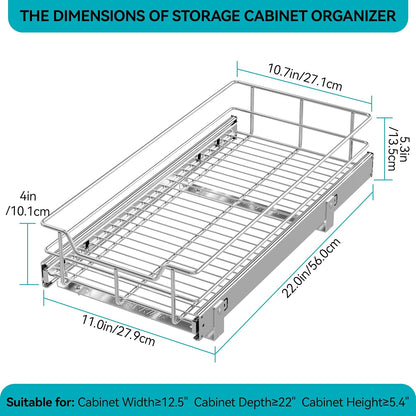 2 Tier Pull Out Cabinet Organizer 11" W X 22" D, Slide Out Drawers For Kitchen Cabinets, Pull Out Drawers For Cabinets Capacity Heavy Duty Caddy, Cabinet Pullout Shelves Chrome-Plated, Bathroom Pantry