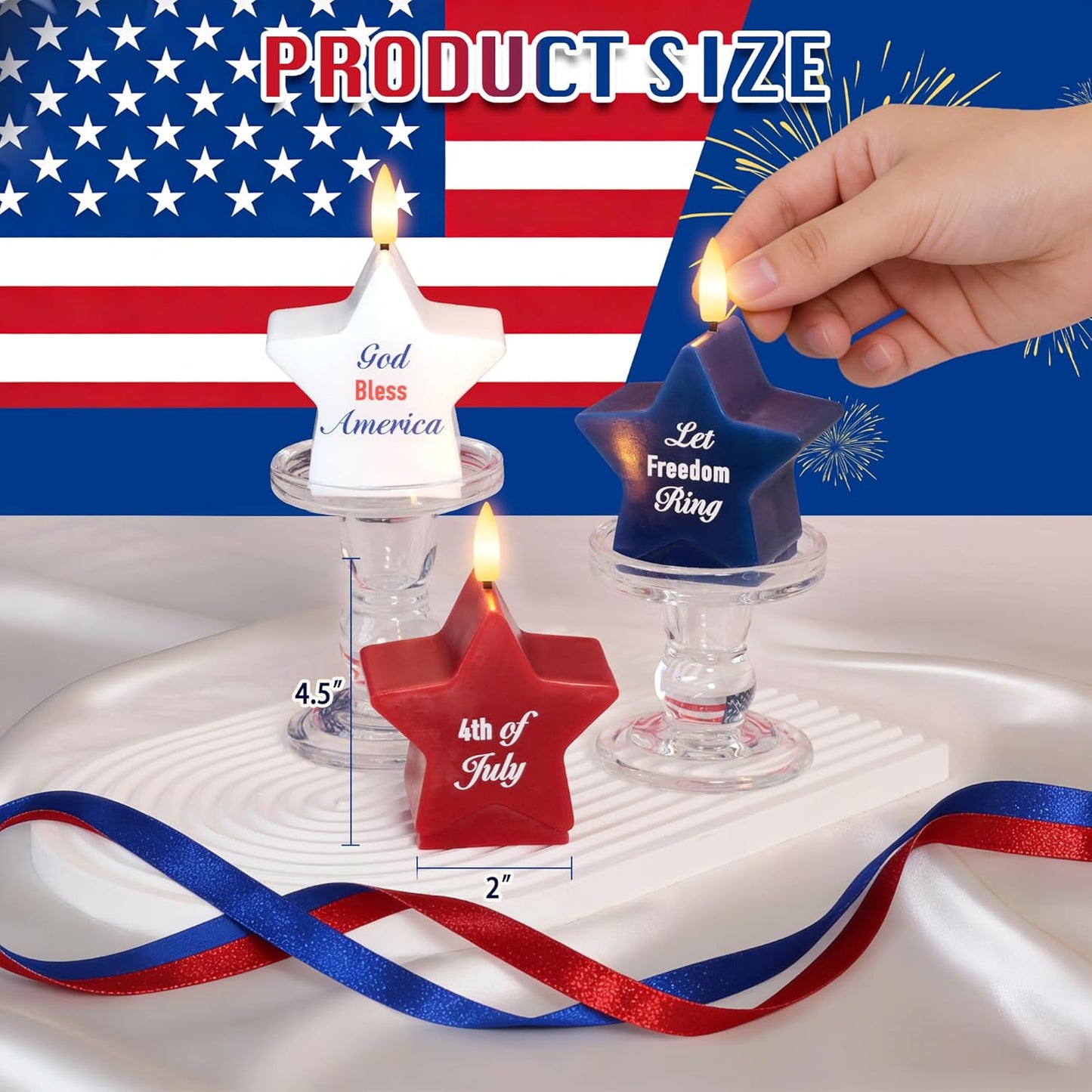 4th of July Flameless Pillar Candles with Remote, Patriotic Red White and Blue Battery Operated Star Shaped LED Pillar Candle Set of 3, Independence Day Decorations for Home Party Table Fireplace