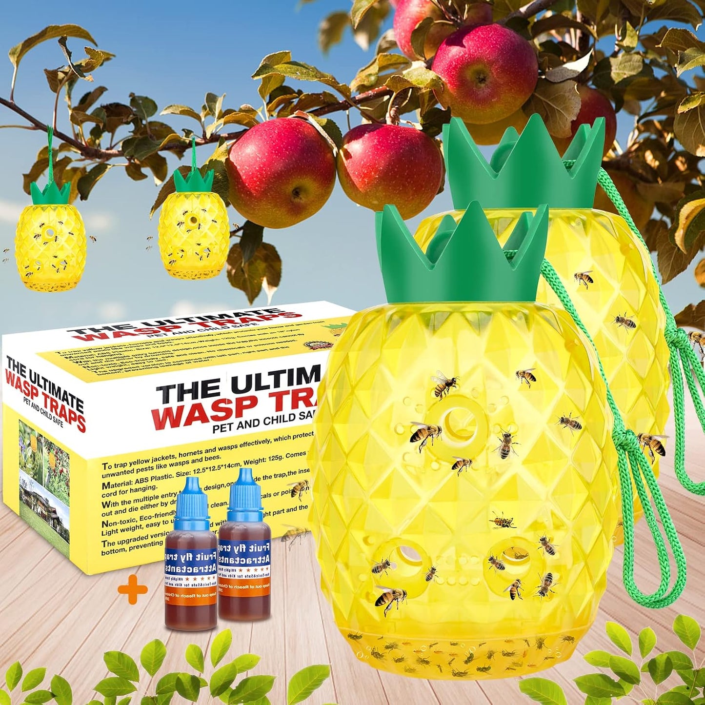 Wasp Trap, Yellow Jacket & Hornet Catcher for Outdoors, Reusable Hanging Wasp Catcher Traps, 2 Pack, Yellow - Pineapple Shape