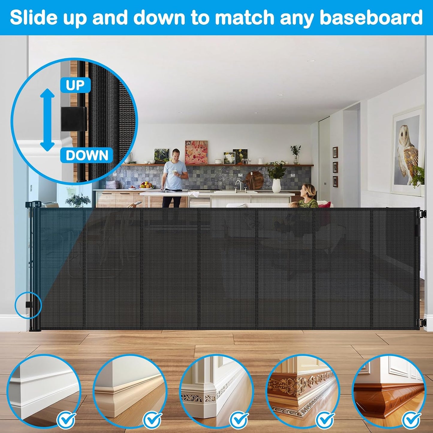 42 Inch Extra Tall Retractable Baby Gates with Reinforced Strips 55 Inch Wide Outdoor Retractable Dog Gate No Sag Extra Tall Baby Gate for Doorway Anti-Scratch Mesh Gates for Kids or Pets, White