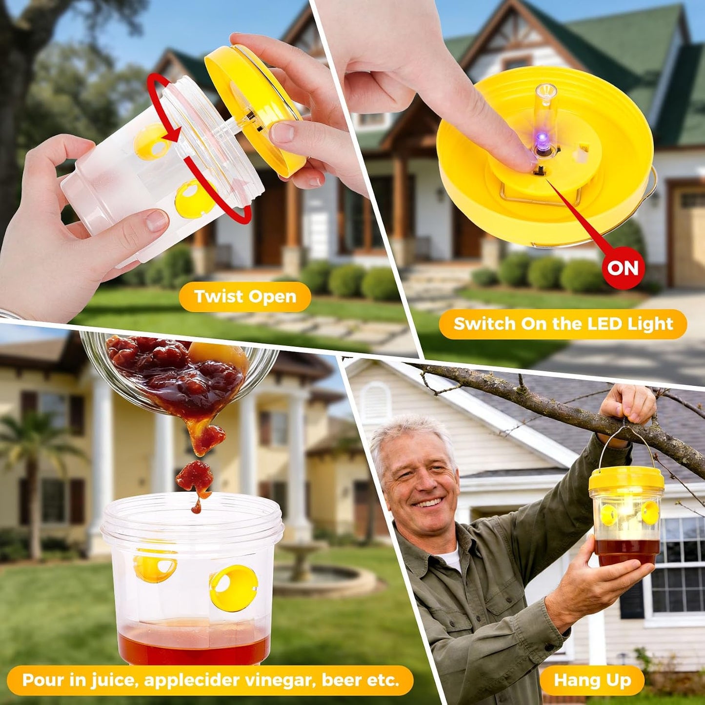 Solar Wasp Bee Trap, Outdoor Hanging LED Light Reusable Catcher for Outside | Brush Included, DIY Bait, Fits Hornet, Yellow Jacket, Wasp & Carpenter Bee, All-day Outdoor Use for Garden, Orchard & Farm