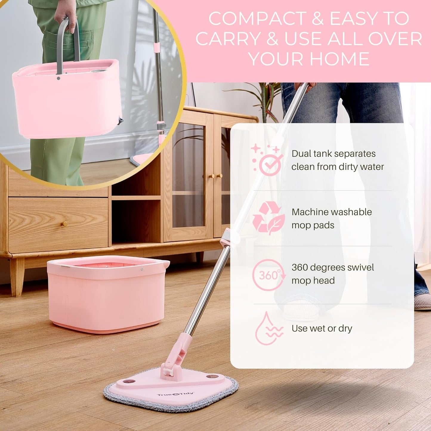 True & Tidy True Clean Spin Mop & Bucket System – Dual Compartment Design for Clean & Dirty Water, 360° Swivel Mop Head, Built-in Scrubbing Brush, Stainless Steel Handle & 2 Reusable Microfiber Pads
