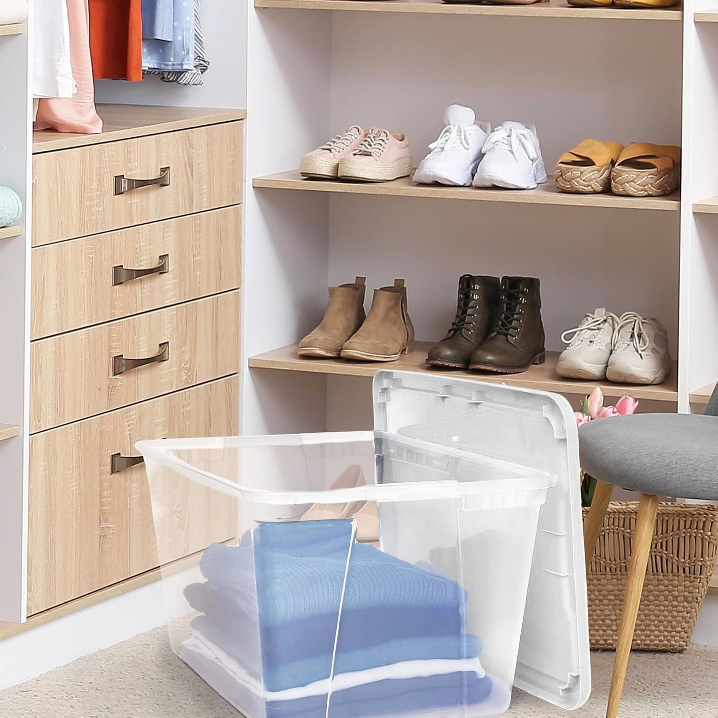 HOMZ 2-Pack Snaplock, Small Clear Plastic Storage Organizer Bins w/ Lids, 28 Quart, Gray - Stackable Container Boxes for Bedroom, Bathroom, Garage, and Office Organization