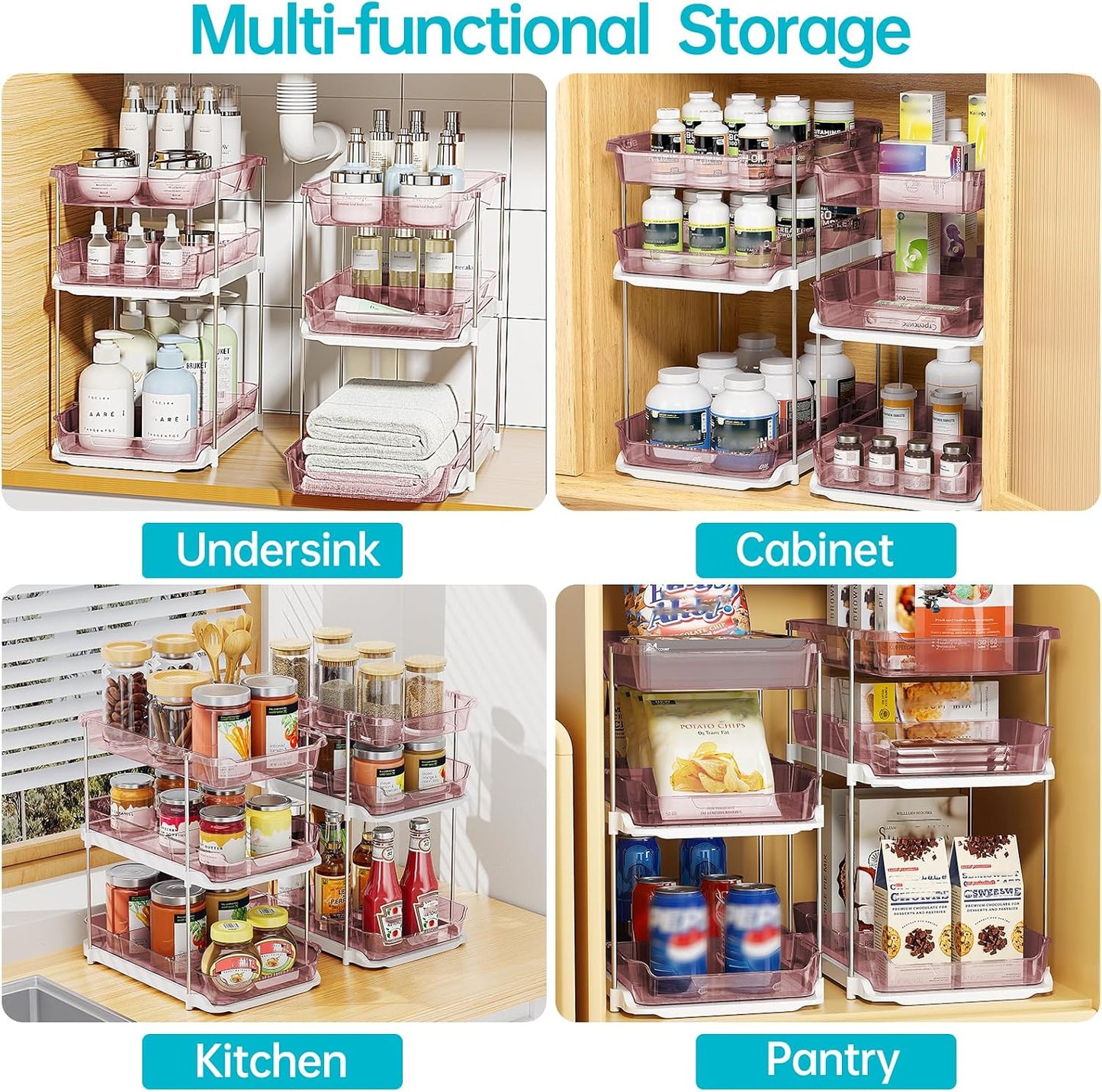 Delamu 2 Sets of 3-Tier Bathroom Under Sink Organizers and Storage, Multi-Purpose Stackable Pantry Organization and Storage, Pull Out Clear Kitchen Bathroom Cabinet Organizer with Movable Dividers | Storage