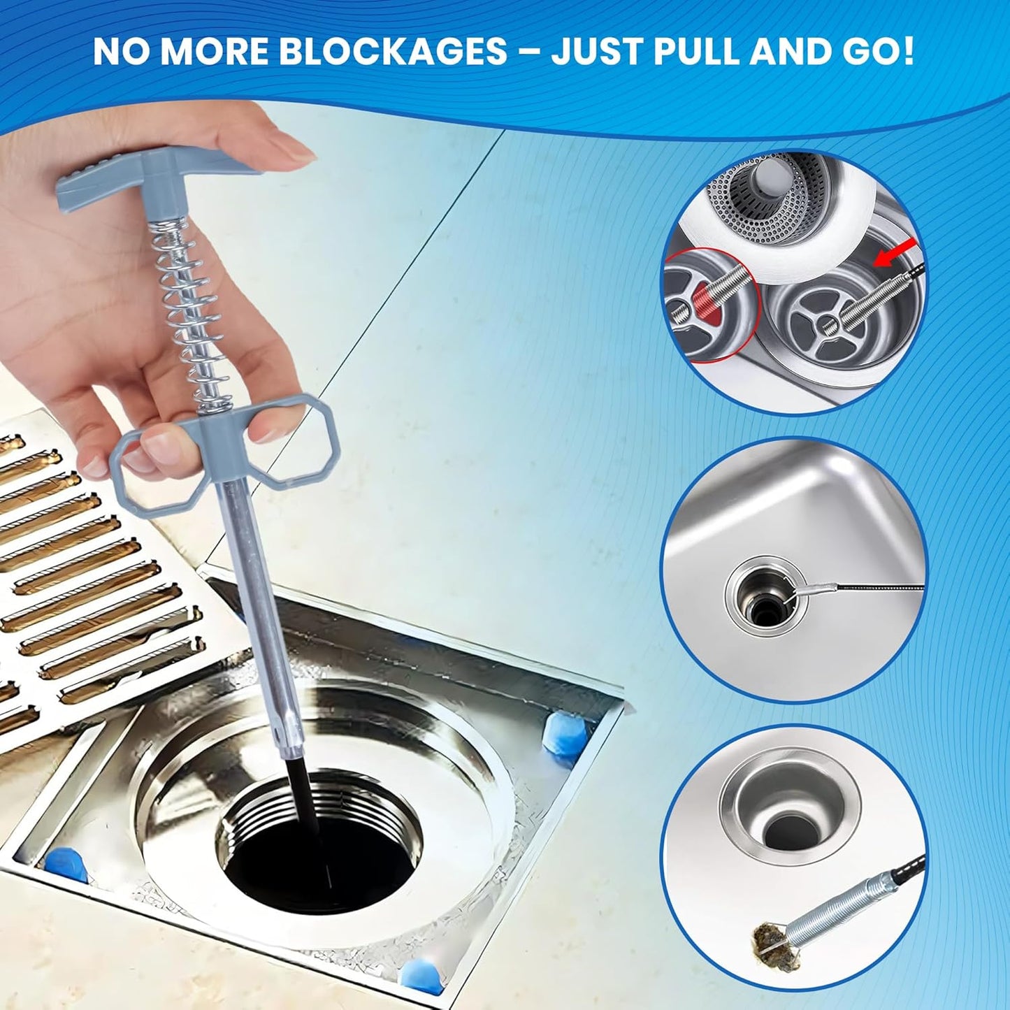 Drain Snake, 79 Inch Drain Clog Remover Tool with pair of Reusable Gloves – Flexible Grabber Claw Hair Drain Cleaner for Sink, Shower, Tub, Toilet, Bathroom & Kitchen Pipes
