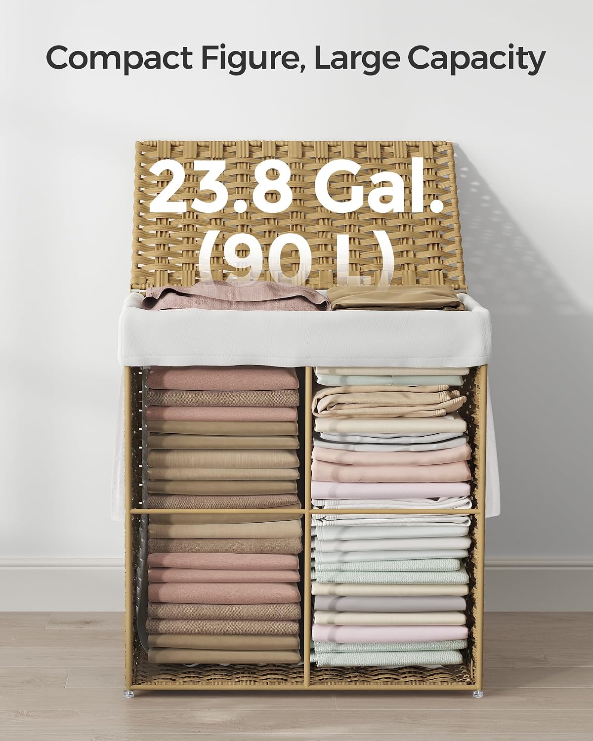 SONGMICS Laundry Hamper with Lid, 23.8 Gallon (90 L) Synthetic Rattan Clothes Laundry Basket with Lid and Handles, Foldable, Removable Liner, Chestnut Brown ULCB051K02