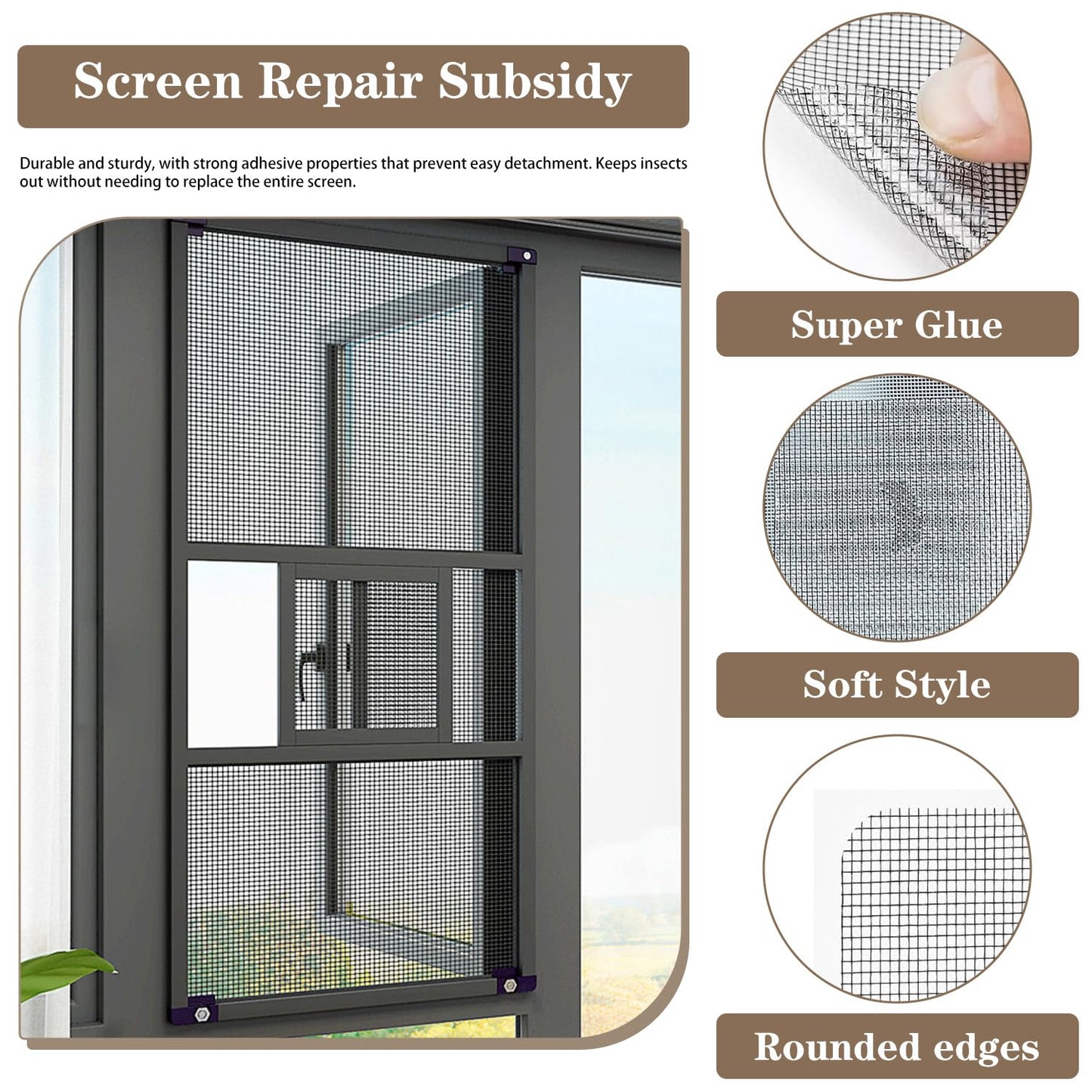 Black Window Screen Repair Kit, 16 Pcs 4 Sizes High-Strength Adhesive Fiberglass Screen Patches for Mesh Door and Window Repair (Black)