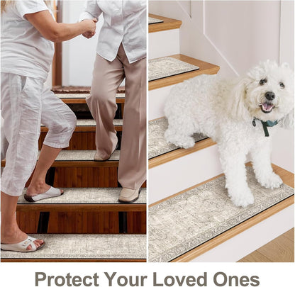 Tiveney Stair Treads Non Slip 15PCS 8"x30" Stair Runner, Rubber Backing Carpet Stair Treads for Wooden Steps, Washable Safety Carpet for Stairs Khaki Indoor Staircase Step Treads for Kids Elder Dogs