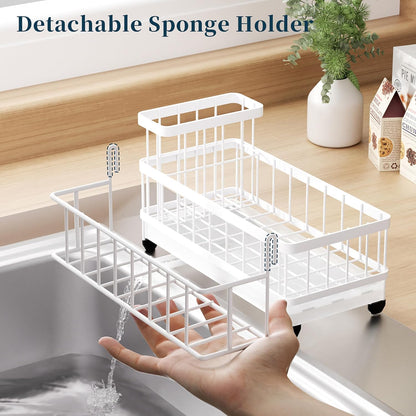 Consumest Sponge Holder for Kitchen Sink - Auto Draining Sink Caddy Organizer with Detachable Rack, High Brush Holder, Kitchen Countertop Storage Accessories, Black
