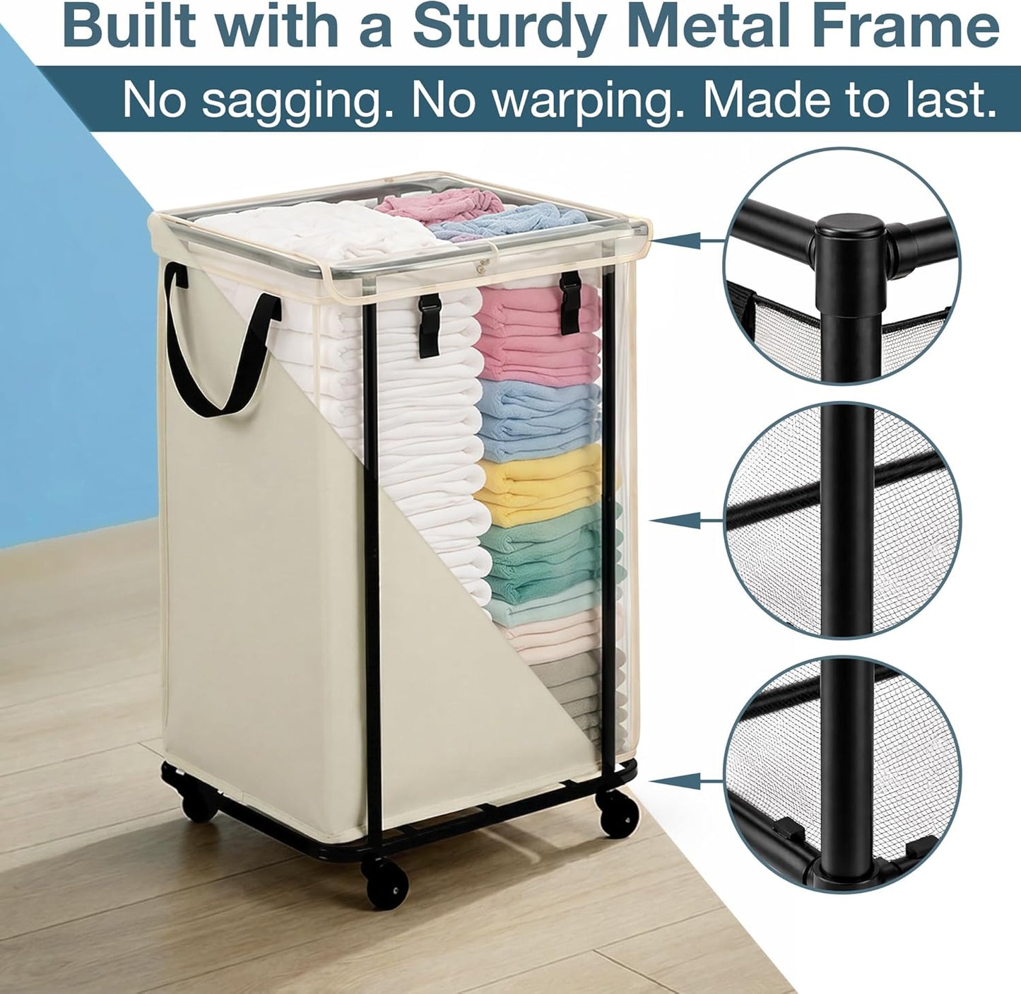 150L Laundry Basket with Wheels and Lid, Large Rolling Laundry Hamper with Removable Divider, Double Compartment Clothes Hamper, Metal Frame, White