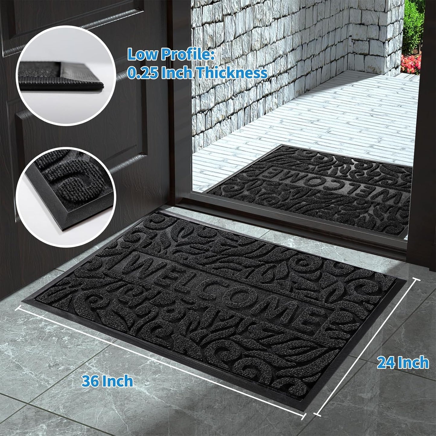 Yimobra Welcome Mat Outdoor 29.5x17, Waterproof Non-Slip Outdoor Mats for Front Door Outside Entrance, Low-Profile Entryway Mat Indoor for Garage Patio, Black