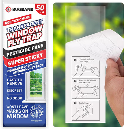 50 Window Fly Traps Sticky Non-Toxic Clear Fly Paper Indoor for Home. No Mess Flies Window Sticky Traps Bug Flies Strips Indoors. Fruit and Housefly Trap Indoor Flypaper Tape Gnat Catcher Killer.