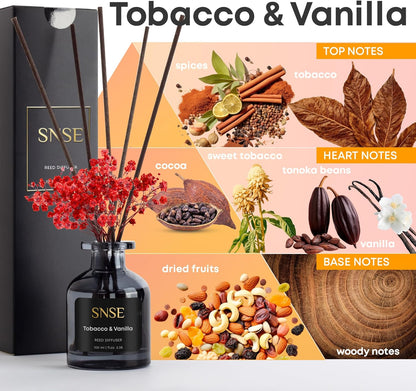 SNSE Tobaco & Vanilla with Flowers Perfumed Reed Diffuser Set | 3.38 oz Scent Fragrance Oil Diffuser for Bedroom, Bathroom, Home Décor and Gift, Decorative Air Fresheners with Sticks